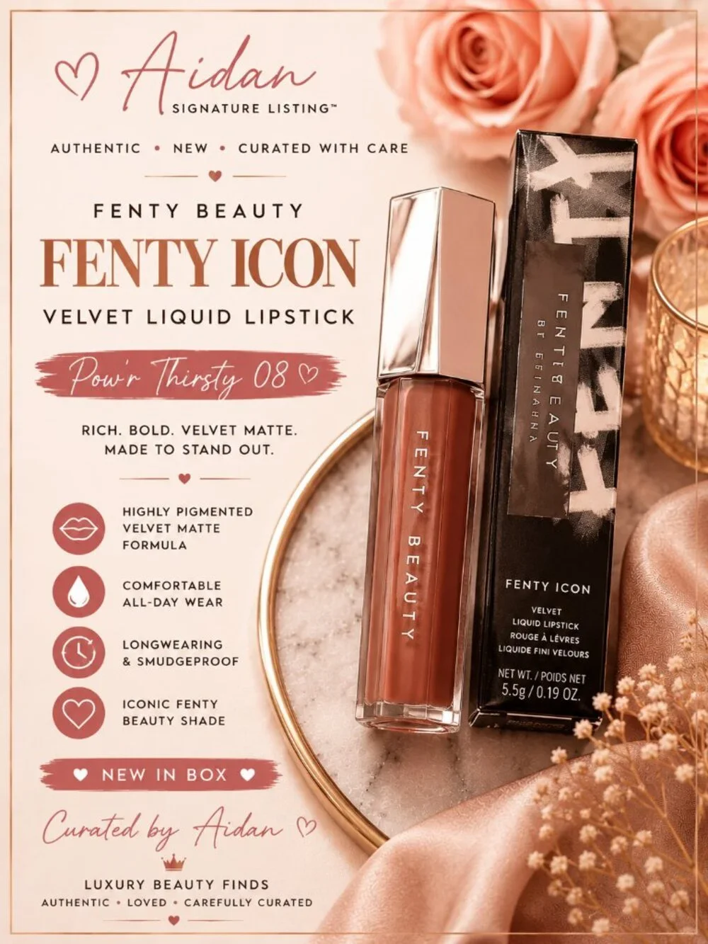 Fenty Beauty Fenty Icon Velvet Liquid Lipstick Pow'r Thirsty 08 NIB